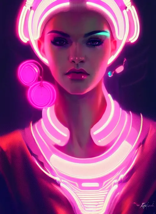 Image similar to portrait of female humanoid, intricate, retro 6 0 s cyberpunk fashion, elegant, cyber neon lights, highly detailed, digital photography, trending in artstation, trending in pinterest, glamor pose, concept art, smooth, sharp focus, art by artgerm and greg rutkowski