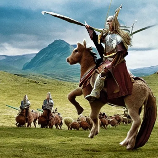 Prompt: the rohirrim riding into battle on alpacas at minas tirith