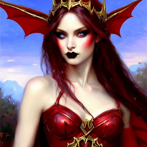 Image similar to Gothic elf princess in red dragon armor by Konstantin Razumov, face close up