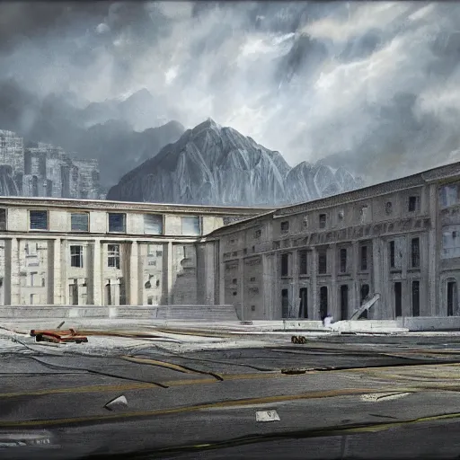 Image similar to government warehouse, matte painting, michael pangrazio