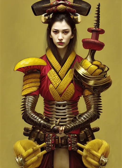 Image similar to a anthropomorphic banana wearing samurai armor, diffuse lighting, fantasy, intricate, elegant, highly detailed, lifelike, photorealistic, digital painting, artstation, illustration, concept art, smooth, sharp focus, art by john collier and albert aublet and krenz cushart and artem demura and alphonse mucha