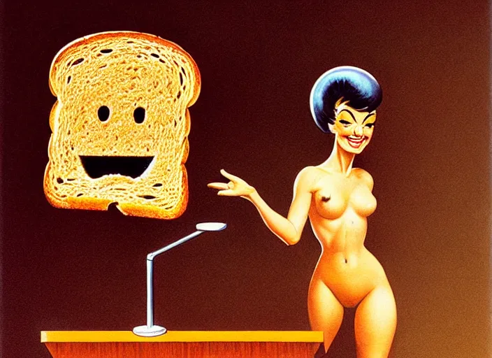 Prompt: anthropomorphic piece of toast in front of a podium, by marco bucci and frank frazetta