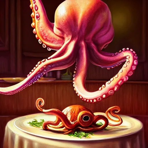 Prompt: the octopus at a table in a diner, amazing, beautiful, perfect eyes, full body shot, portrait, vivid colors, elegant, concept art, sharp focus, digital art, Hyper-realistic, 4K, Unreal Engine, Highly Detailed, HD, Dramatic Lighting by Brom, trending on Artstation