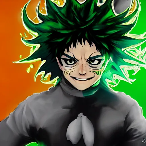 Prompt: an oil painting of a izuku midoriya wearing a hip - hop halloween costume of the devil, by artgerm, hd, hdr, ue 5, ue 6, unreal engine 5, realistic anime 3 d style, cinematic 4 k wallpaper, 8 k, ultra detailed, gta cover art, high resolution, artstation, award winning