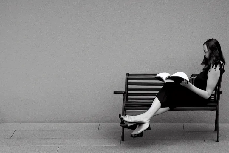 Prompt: A photograph of a woman reading a book while sitting on a bench in an empty courtyard, next to the other vacant bench, looking down from above, black and white photo.ISO200,F4.5,80mm,1/30,Nikon D3.