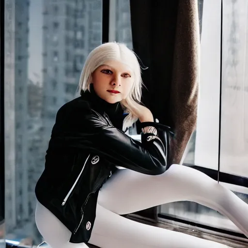 Image similar to 19-year-old Aristocratic platinum-blonde-haired hime-cut blue-eyed French empress wearing white leggings and black jacket, looking out open window, sitting in French apartment, communist city, futuristic city, cyberpunk city, HD photograph