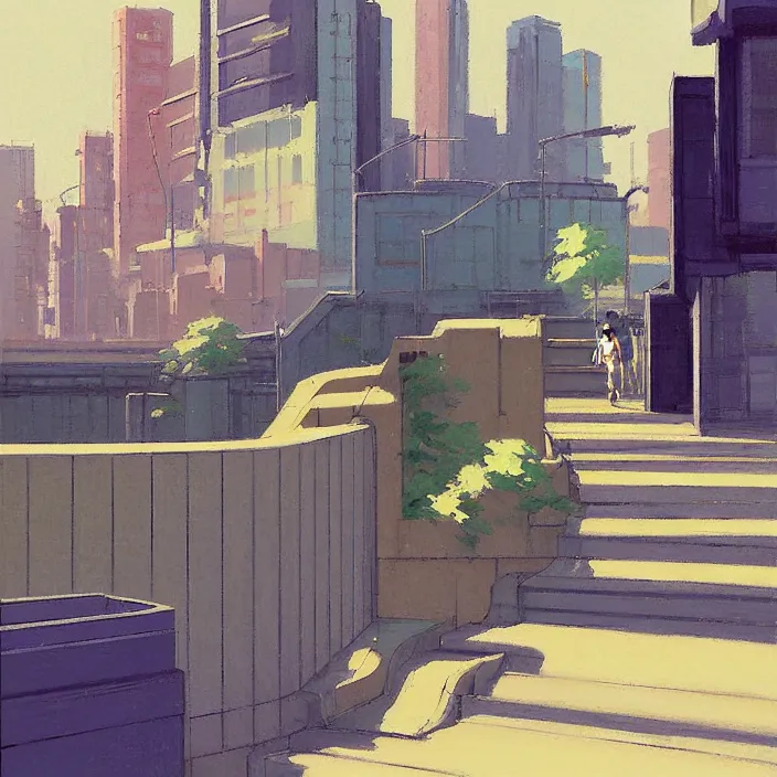 Prompt: front view painting of a stone railing urban japanese city in the background in the style of cowboy bebop, anime style, minimal details, calm, sunny day, bright, artwork by jeremy lipkin and giuseppe dangelico pino and michael garmash and rob rey and greg manchess and huang guangjian and makoto shinkai, sharp edges, simple form, 1 0 0 mm
