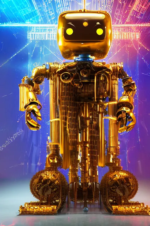 Image similar to portrait photo of a giant huge golden and blue metal humanoid steampunk robot cleaner robot, with gears tubes vaccuumcleaner, on the wet floor are mop and bucket, eyes are glowing red lightbulbs, shiny crisp finish, 3 d render, 8 k, insaneley detailed, fluorescent colors, background is multicolored lasershow