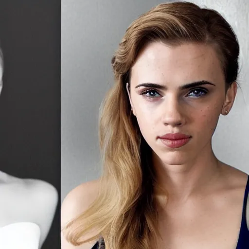 Image similar to a woman who is a genetic combination of scarlett johansson and emma watson face and upper - body focus