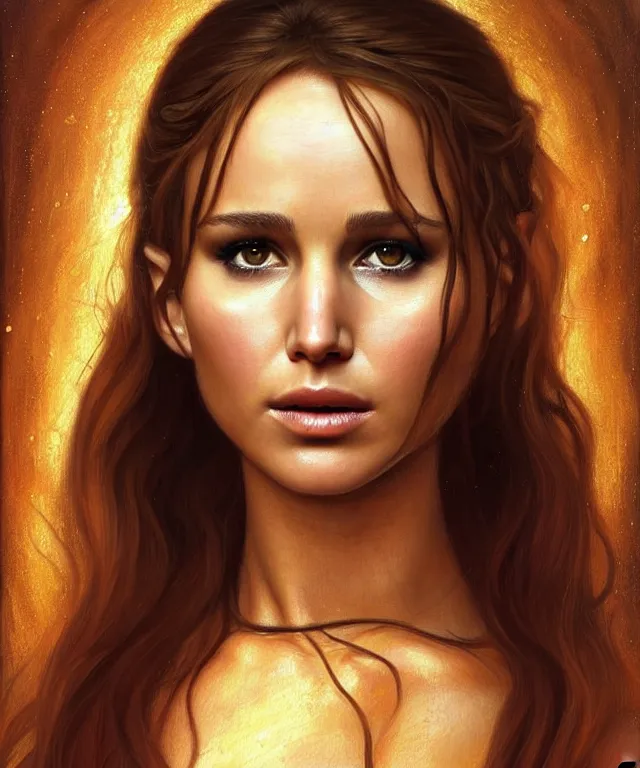 Image similar to half nathalie portman half Jennifer lawrence a fantasy magic woman portrait by Sandro Botticelli, oil painting masterpiece, sci-fi, amber eyes, face, long hair, fantasy, intricate, elegant, highly detailed, digital painting, artstation, concept art, smooth, sharp focus, illustration, art by artgerm and greg rutkowski and alphonse mucha