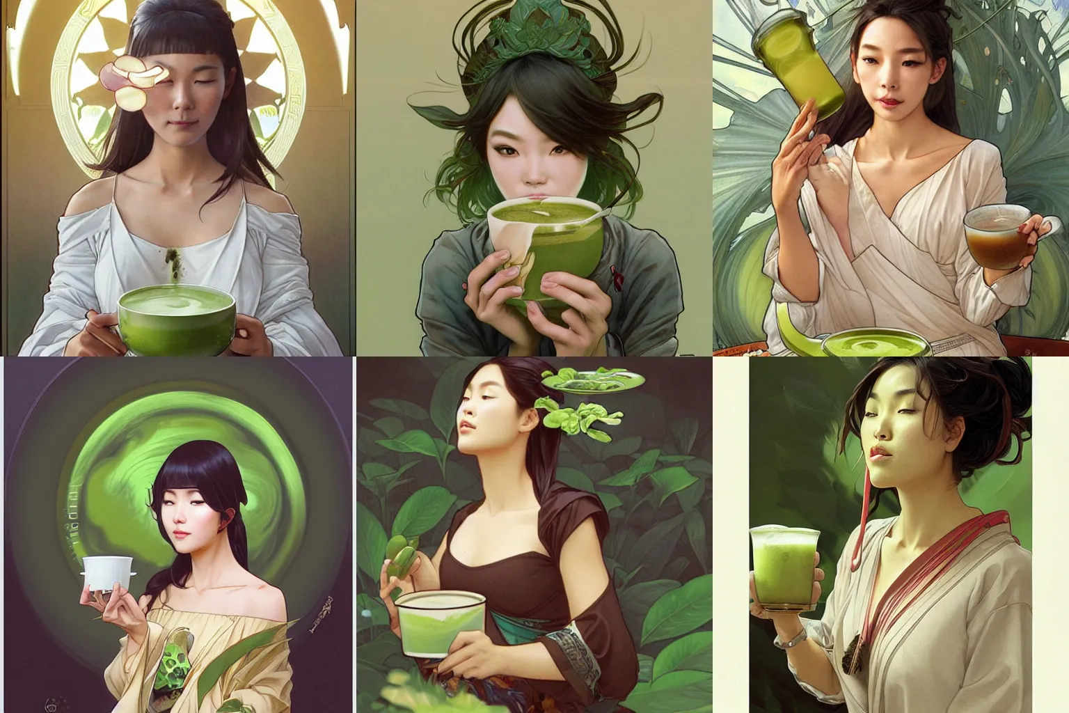 Prompt: An female asian drinking matcha tea latte by Artgerm and greg rutkowski and alphonse mucha