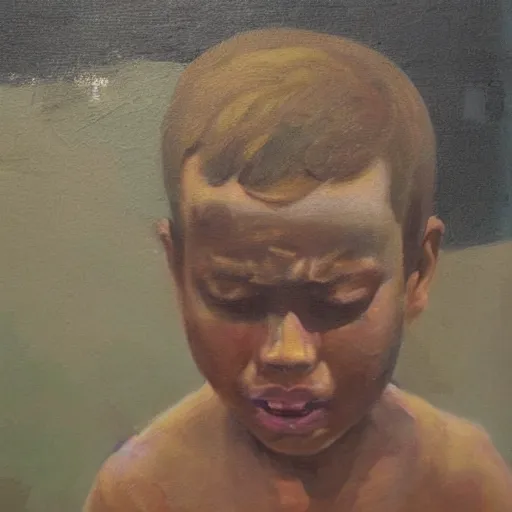 Prompt: old painting of a boy crying