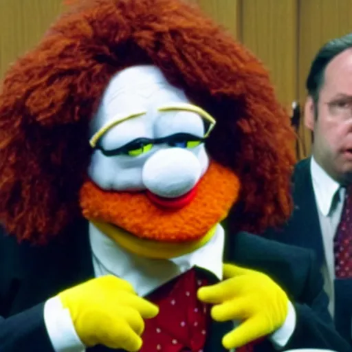 Prompt: Ronald McDonald as a muppet, testifying on trial with Alex Jones