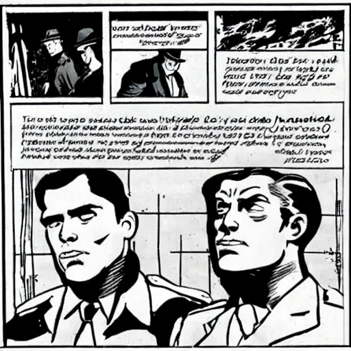 Prompt: Inspector Brandenburg and Detective Constable Morrison discussing the crime scene. Comic book in the style of Jack Kirby.