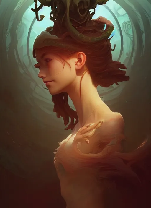 Image similar to highly detailed portrait of cthulu, stephen bliss, unreal engine, greg rutkowski, loish, rhads, beeple, makoto shinkai and lois van baarle, ilya kuvshinov, rossdraws, tom bagshaw, alphonse mucha, global illumination, god rays, detailed and intricate environment