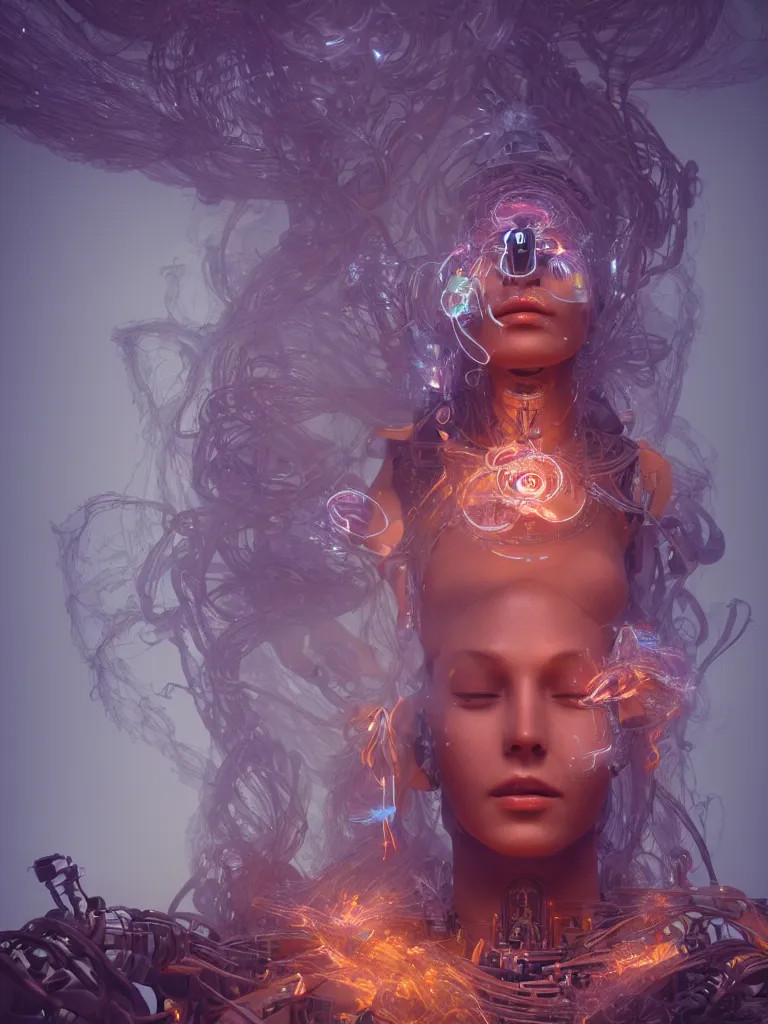 Image similar to an ancient mystical alluring female shaman generating flowing energy and surrounded by wisps of incense smoke sits meditating in a magical cybernetic robot temple, face face face, by ross tran and roberto ferri, 3 d, cinema 4 d render, trending on artstation