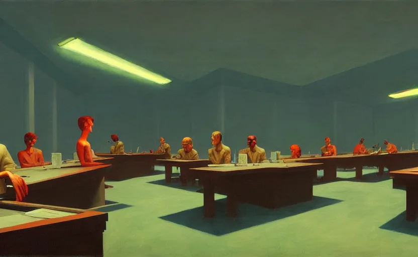 Image similar to Inside a Nuclear war room, very coherent, painted by Edward Hopper, Wayne Barlowe, painted by James Gilleard, airbrush, art by James and Jean Ross Tran