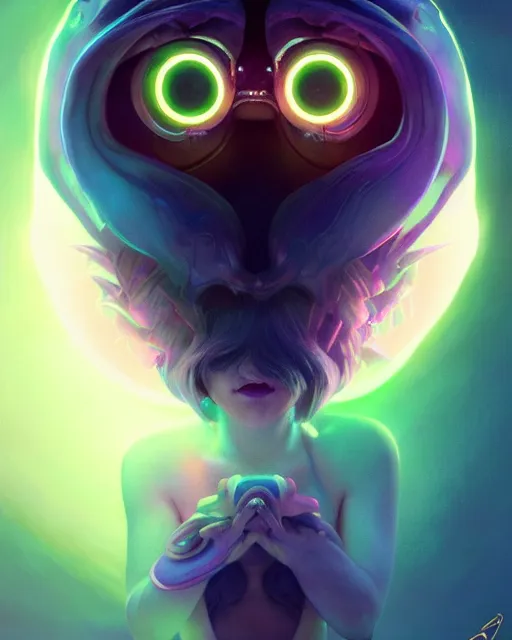 Image similar to one singular portrait of a cute bioluminescent creature with big glowing eyes, highly detailed, digital painting, cinematic, hyper realism, dark retrowave, art by Stanley Lau and Artgerm and magali villeneuve and Alphonse Mucha, artstation, octane render, cgsociety