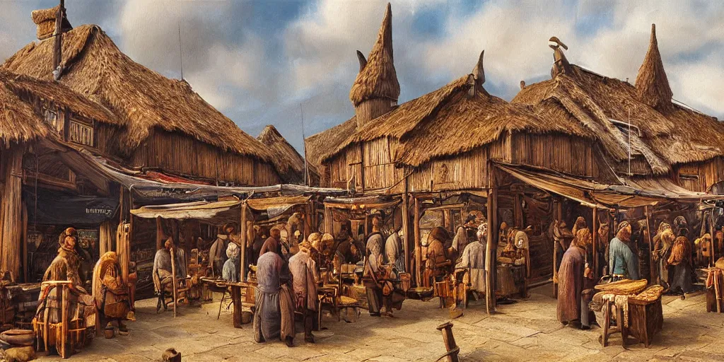 Image similar to Highly detailed viking period oil painting of aviking market, strong atmosphere, oil painting masterpiece by Josep Tapiró Baró, symmetry, fractals