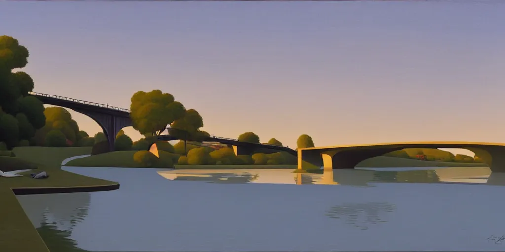 Image similar to bridge, blue sky, summer evening, kenton nelson