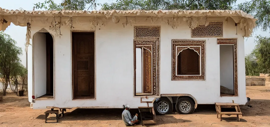 Image similar to mughal - style white ivory tiny home on trailer in agra, india