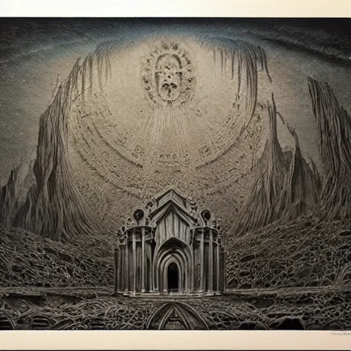 Image similar to the mausoleum of mael, dark fantasy, seb mckinnon, zdzislaw beksinski, extremely intricate, very detailed