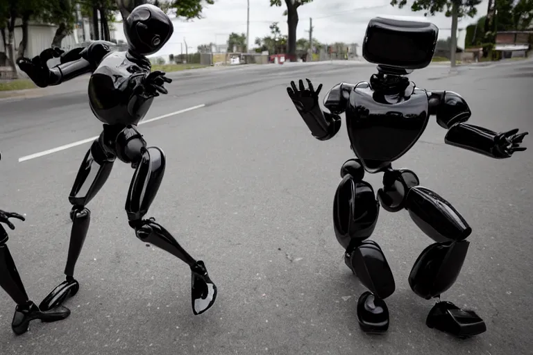 Image similar to photojournalism of sleek humanoid robot being hit with bats by two mean on a residential street