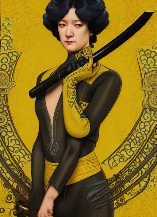 Image similar to uma squidward in kill bill, rococo and art nouveau fusion, reflective katana, yellow jumpsuit with black stripe, highly detailed, deep focus, elegant, digital painting, smooth, sharp focus, illustration, ultra realistic, japanese art by artgerm and alphonse mucha