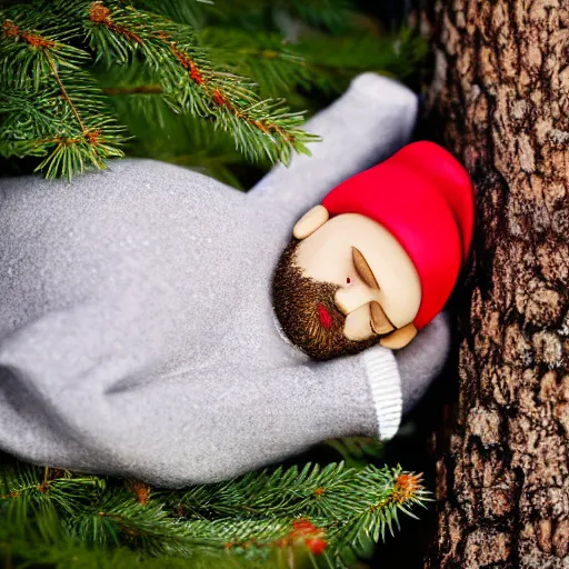 Prompt: photograph of a small garden gnome sleeping under a massive pine tree. 8k resolution. hyperrealism.