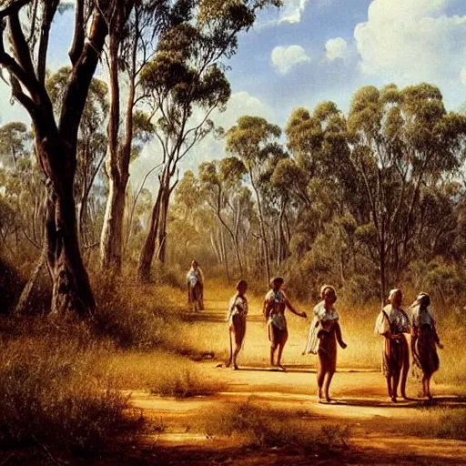 Image similar to Australian aborigines walking through the outback, a beautiful painting by ivan shishkin, matte painting