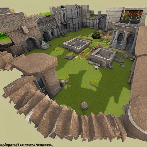 Prompt: a 3 d layout of a tf 2 map set at an abbey on a cliffside, dev textures, blockout, blocktober, tf 2 maps. net, level design