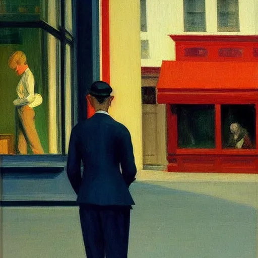 Prompt: a detailed painting, blonde man at a store, edward hopper,