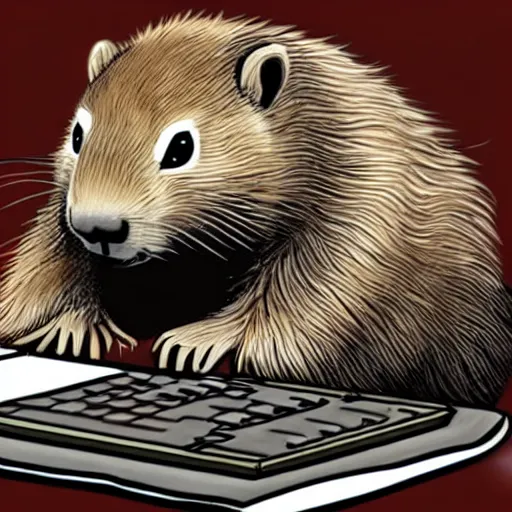 Image similar to concept art of A groundhog is working on a computer in anime style