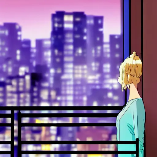 Image similar to a blonde, ponytailed woman stands on her balcony looking out at a city street at night, anime style