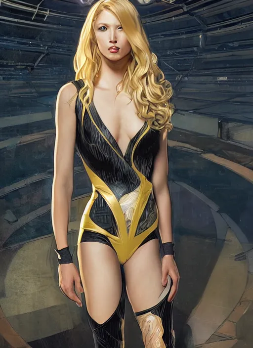 Image similar to portrait of slim young woman mischievous face and long blonde wavy hair dressed as a superhero in her early twenties, posing with her arms tucked behind her back, black canary, tight fit leotard, curvaceous, intricate detailed face, shiny, art by joshua middleton and greg rutkowski and alphonse mucha, dramatic lighting, unreal engine, 8 k