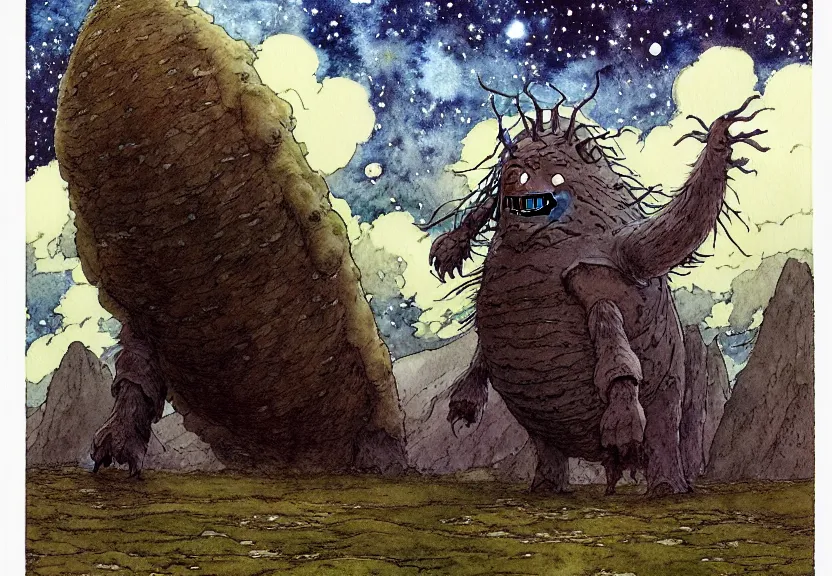 Prompt: a simple watercolor studio ghibli movie still fantasy concept art of a gargantuan titan from howl's moving castle ( 2 0 0 4 ) on the moors of ireland. it is a misty starry night. by rebecca guay, michael kaluta, charles vess