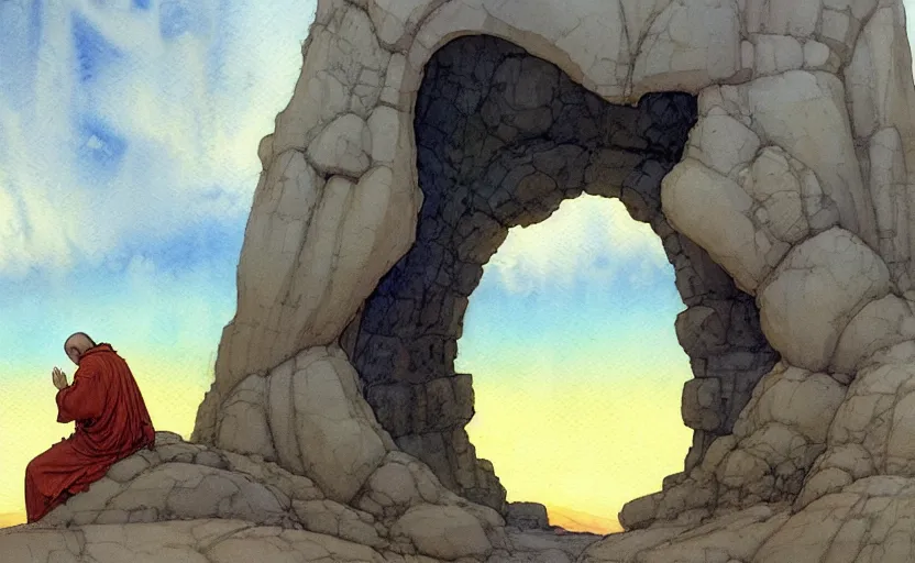 Image similar to a hyperrealist watercolour concept art of a large rock arch dimensional portal in the sky. a medieval monk in grey robes is kneeling in prayer below it on a desert road. by rebecca guay, michael kaluta, charles vess and jean moebius giraud. high detail, hq, wide shot