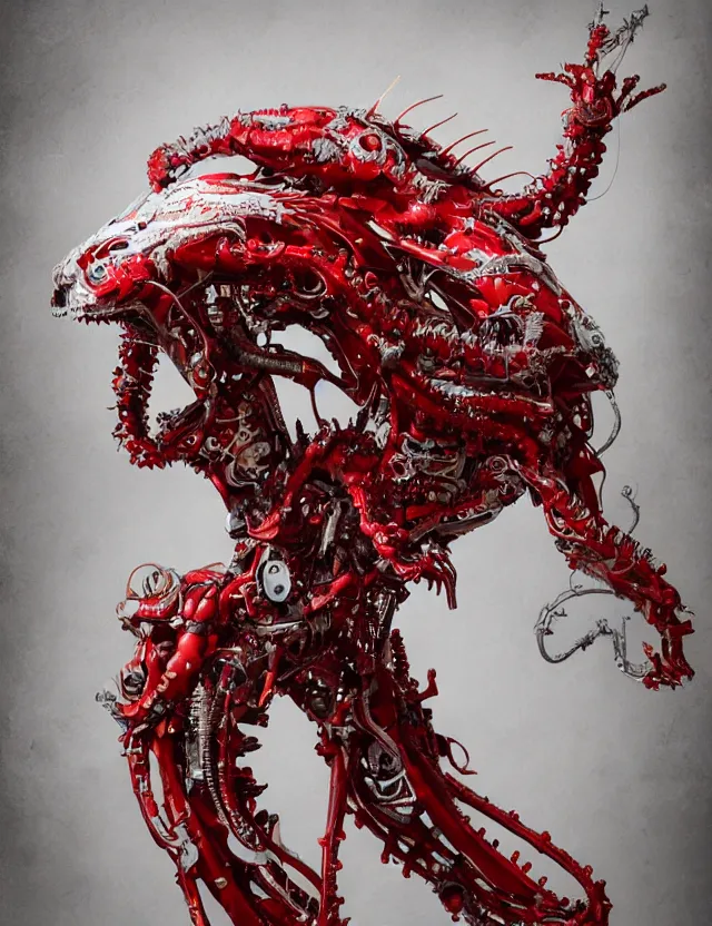 Image similar to legendary white dragon, red biomechanical details, wearing epic bionic cyborg implants, inflateble shapes, wires, tubes, red veins, jellyfish, masterpiece, intricate, biopunk, highly detailed, artstation, concept art, cottage core, cinematic focus, polaroid photo, bleached, vintage, high - key lighting, soft lights, foggy, by tarkovsky, 8 k