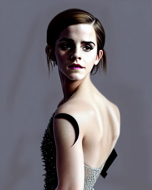 Image similar to Emma Watson wearing an evening gown, vera wang couture, very detailed portrait, ultrarealistic, dramatic lighting, electrical details, high details, 4k, 8k, best, accurate, trending on artstation, fur, artstation, photorealism, ultrarealistic, digital painting, style of Dali, Caravaggio, Boris Vallejo