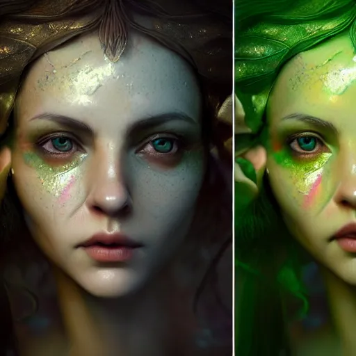 Prompt: hyperrealistic mixed media portrait of an female elf with messy brown hair and a green cloak, stunning 3d render inspired art by Lars Grant-West + perfect facial symmetry + dim volumetric lighting, ornate flowing robes, 8k octane beautifully detailed render, post-processing, extremely hyperdetailed, intricate, epic composition, grim yet sparkling atmosphere, cinematic lighting + masterpiece, trending on artstation, Art Nouveau