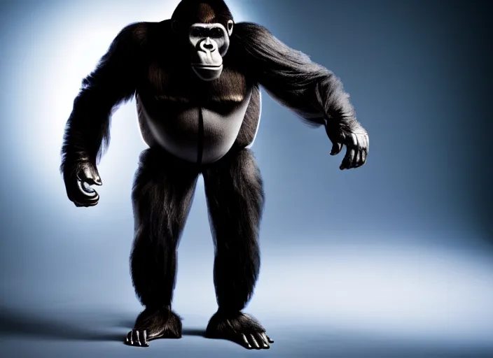 Image similar to studio photo still of a full body gorilla in a space suit, 8 k, studio lighting, key light from right side,