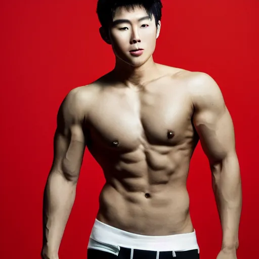 Prompt: in a muscle pose, a handsome young korean man with creamy unblemished skin and a slim, toned figure with a defined jawline and high cheekbones with sleek dark black hair and is wearing nothing but a pair of small, tight black briefs, which accentuate his slim waist and long, bare, muscular legs, studio portrait on a colorful background