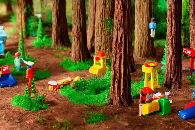 Image similar to fisher price redwood forest, california scene from tv show hyper detailed 5 5 mm 8 5 mm, toy photography