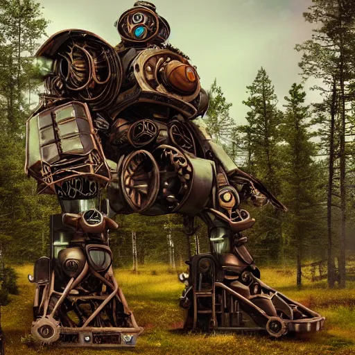 Image similar to steampunk colossal mech fortress travels across a swedish forest very low angle photograph trending on artstation