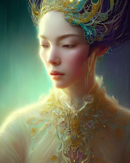 Prompt: opulent fantasy violin, fractal crystal, (((beauty portrait))) by WLOP, James Jean, Victo ngai, unreal engine, beautifully lit, fantasy headgear, elegant, muted colors, highly detailed, fantasy art by Craig Mullins, Thomas Kinkade