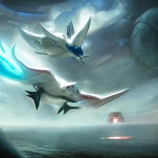 Image similar to togekiss and latios flying through a remote alien city, award - winning realistic sci - fi concept art by jim burns and greg rutkowski, beksinski, konstantin razumov