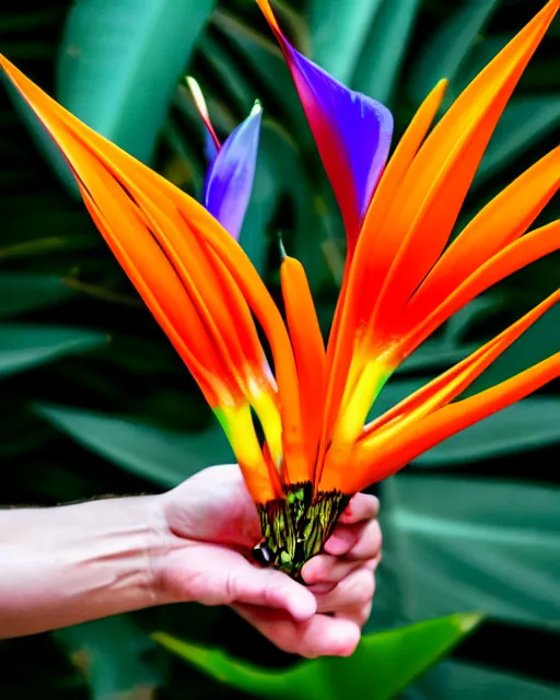 Image similar to hyperrealistic veiny human hands holding Birds of Paradise flowers dali robert steven connett dramatic orange light 8k low angle shallow depth of field