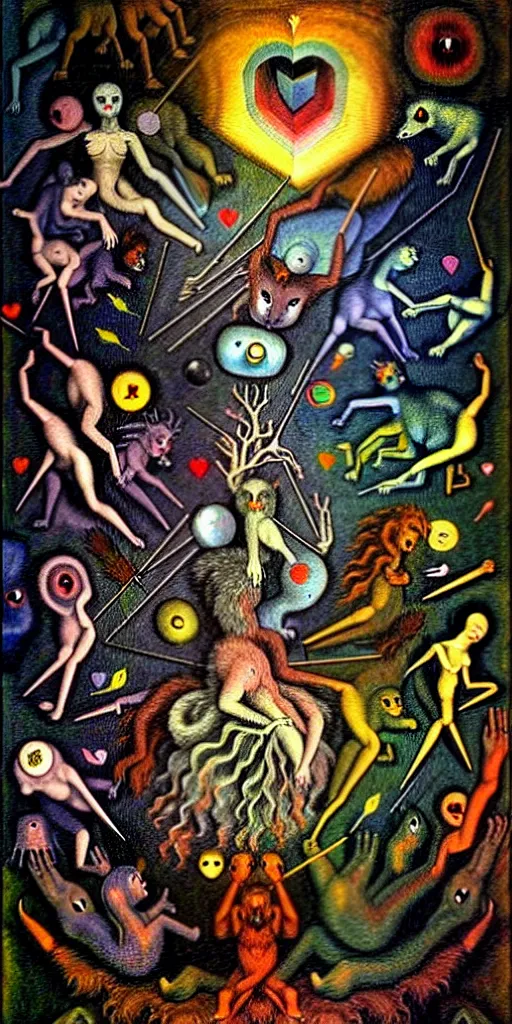 Image similar to mythical creatures and monsters in the visceral anatomical human heart imaginal realm of the collective unconscious, in a dark surreal mixed media oil painting by bosch and kandinsky, dramatic lighting from inner fire