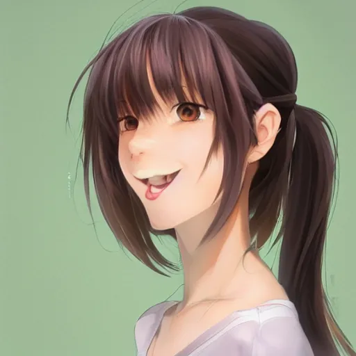 Prompt: A medium shot anime portrait of a happy woman with brown hair, a single short ponytail, a part in her hair, with bright bluish eyes, open mouth, a big forehead, and large eyebrows, without glasses, blue eyes, detailed, by Stanley Artgerm Lau, WLOP, Rossdraws, James Jean, Andrei Riabovitchev, Marc Simonetti, and Sakimi chan, trending on artstation