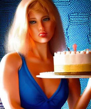 Image similar to blonde women in blue tight short dress sitting on big cake, photorealistic image